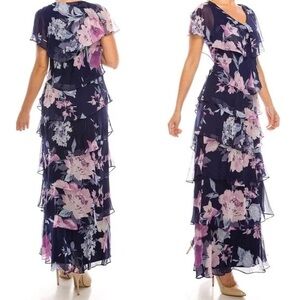 Blue and Pink Flutter Sleeve V-Neck Maxi Gown